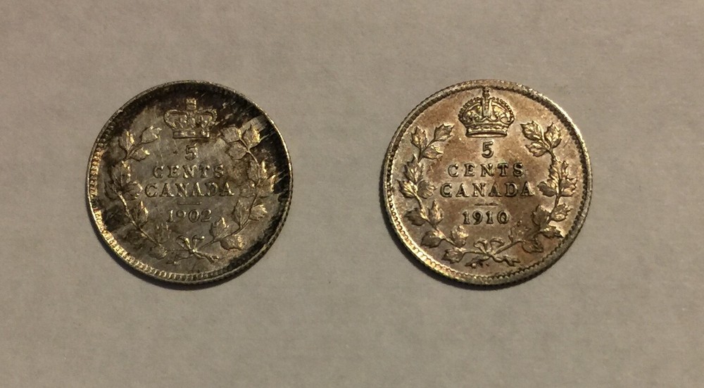 Canada 5C 1902 & 1910 ptd. Leaves AU problems (#1717)