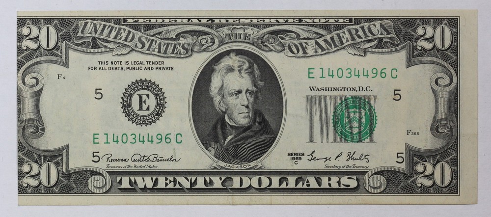 Offset Printing Error 1969-C $20 Federal Reserve Note Friedberg 2070-E 4V89