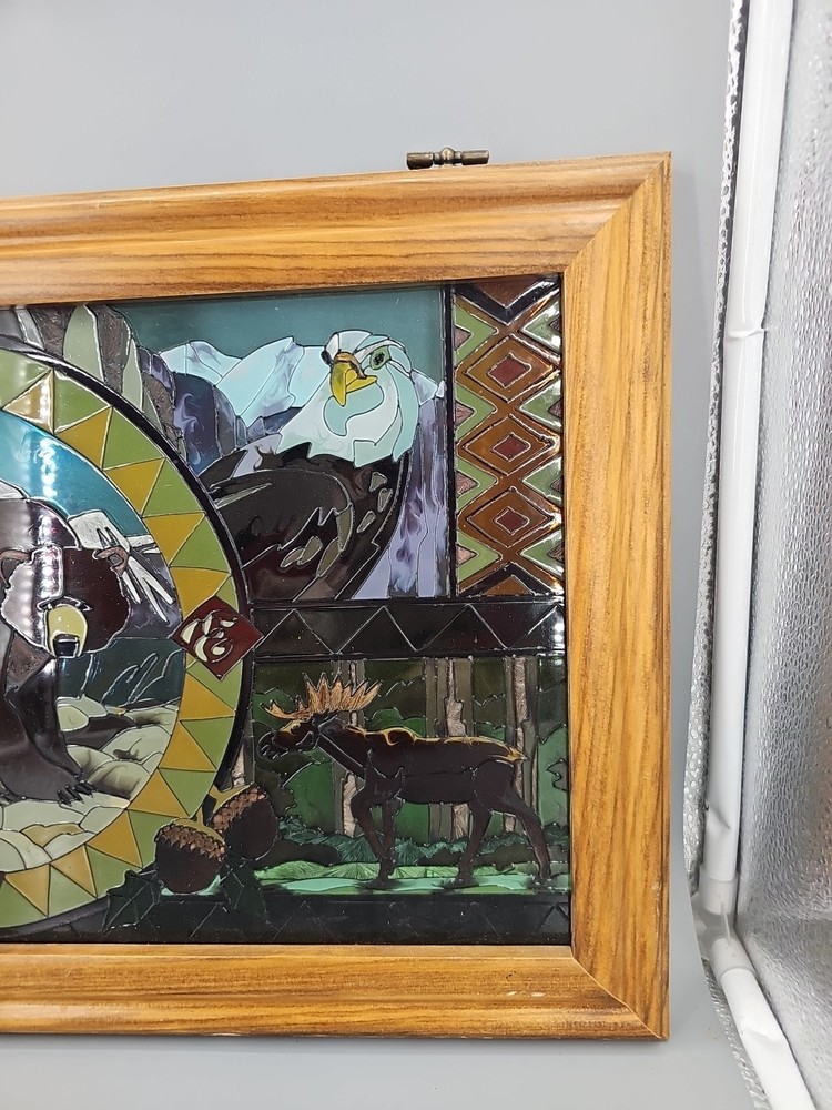 22" x 13" Bear Deer Eagle Moose Fish Joan Baker Painted glass window panel