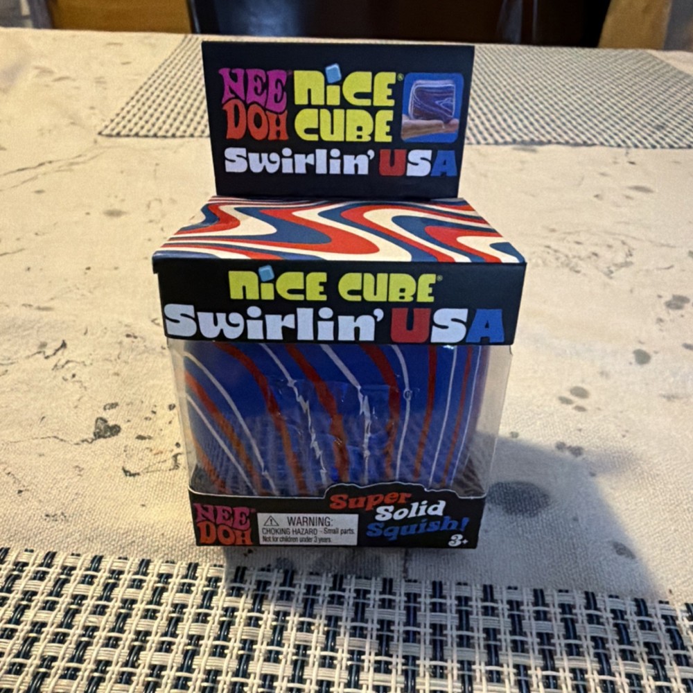 NeeDoh Nice Cube Swirlin' USA Solid Squish Squeeze Toy Red White Blue
