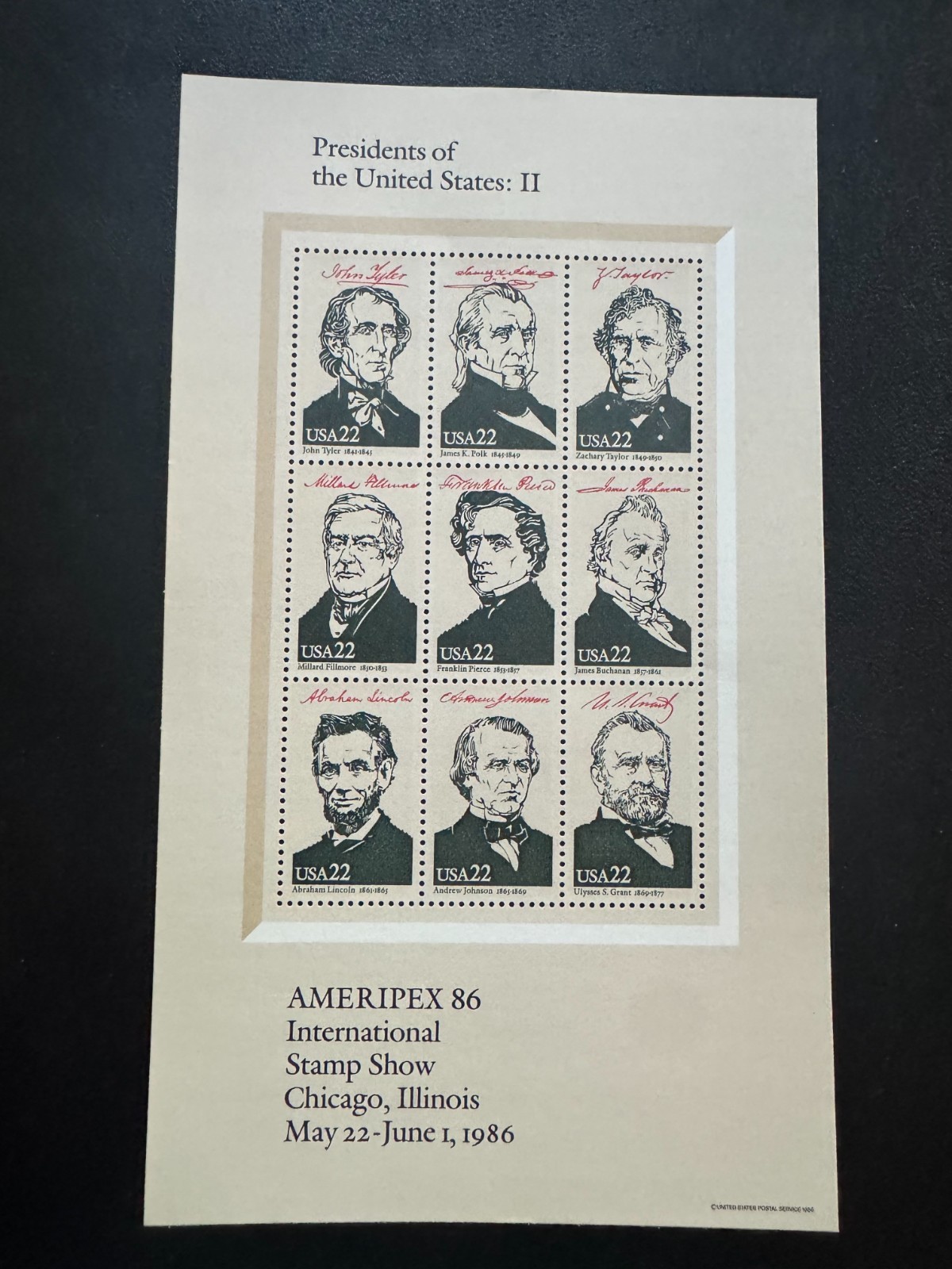 Scott #2216-19 Ameripex Presidents 4 sheets of 22¢ Stamps (1986)
