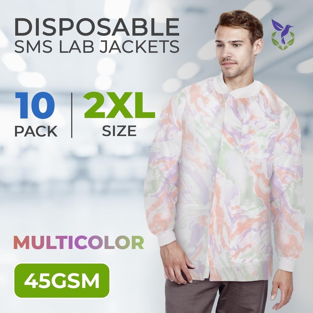 Multicolor Disposable Lab Jackets SMS 45 GSM Snap Front 10 Pack 2X-Large