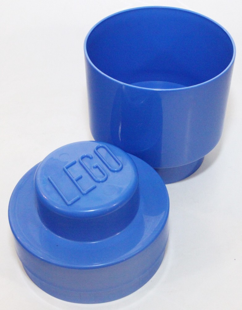Lego Storage Box with Lid Blue Round 1 Stud 7.5" Tall x 5" Diam. 2012 Stackable