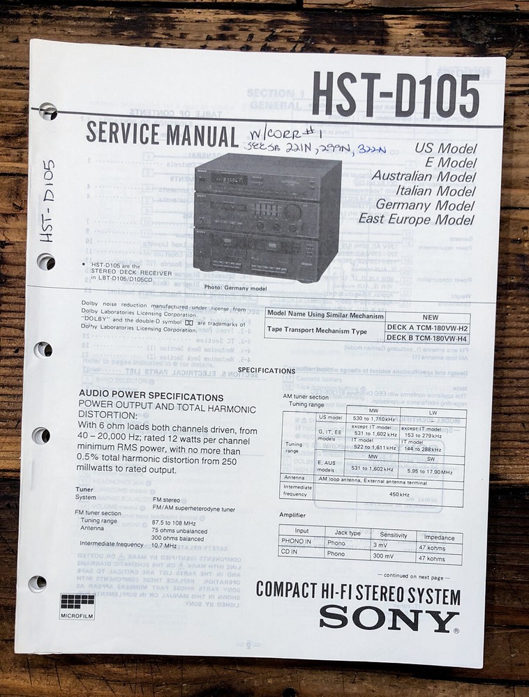 Sony HST-D105 Stereo  Service Manual *Original*