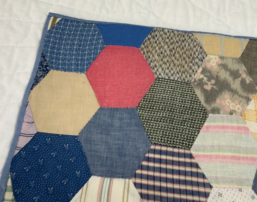 Vintage Antique Patchwork Quilt Table Topper, Octagons, Early Calicos, Multi