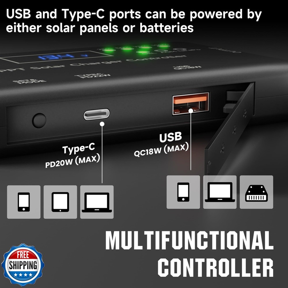 MPPT Solar Charge Controller 12V 10A, Solar Panel Charge Controller with Type