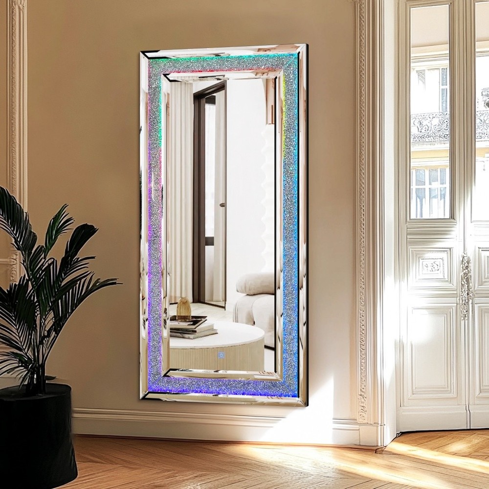 LED Crushed Diamond Mirror 48x24 inch Rectangular Crystal Vanity with RGB Lights