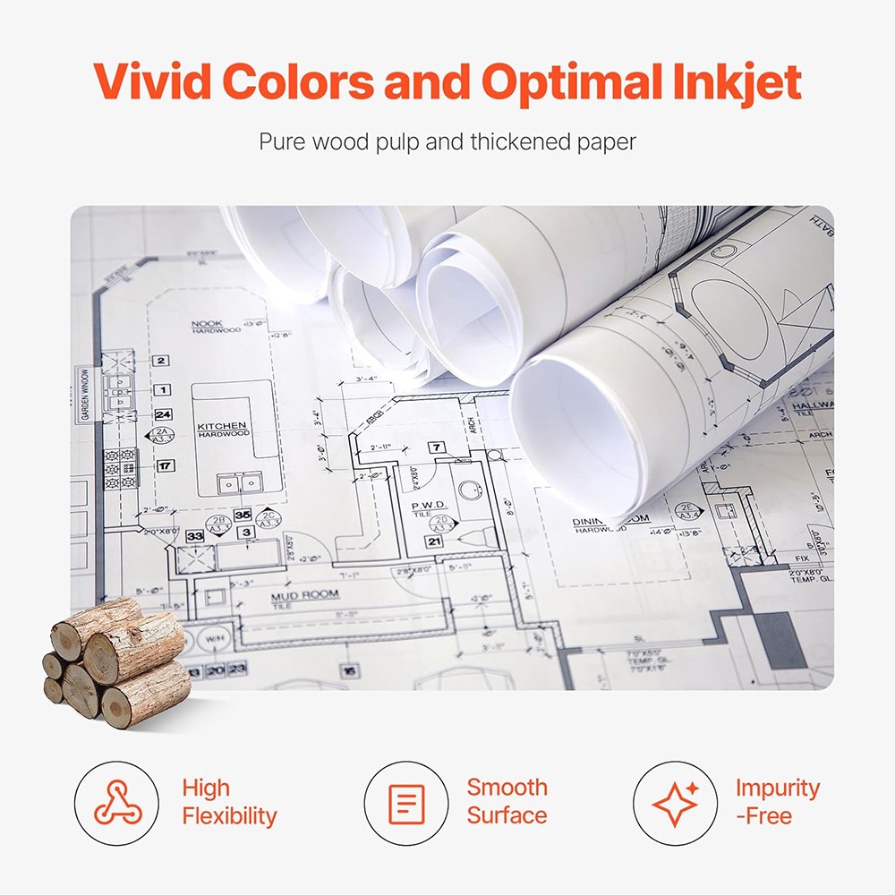 Wide Format Paper Plotter Paper 4 Rolls 24 in x 150 ft CAD Bond Rolls 2"Core