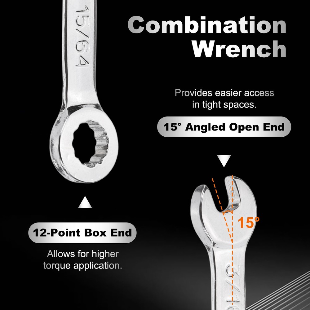 Mini Combination Wrench 1/4" 12-Point End 15 Degree Offset Open End