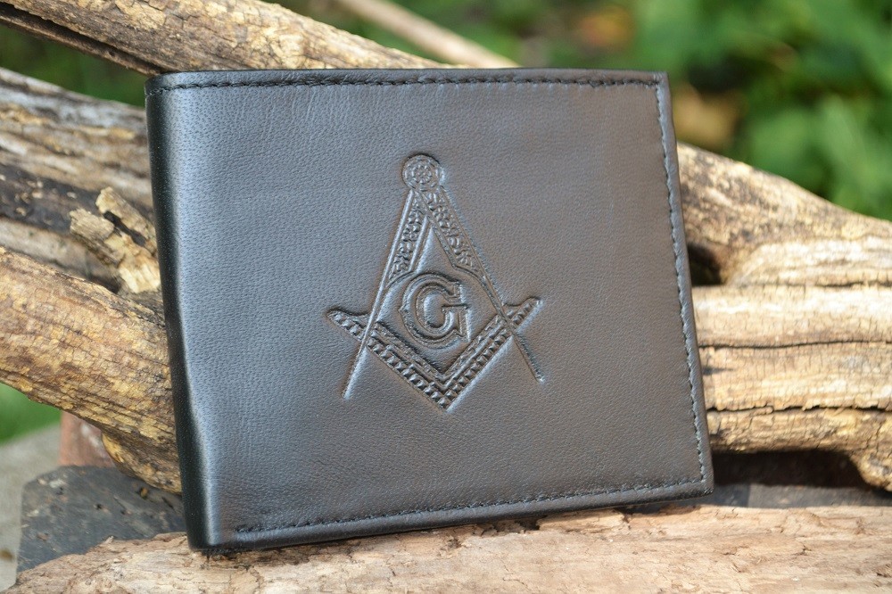 Masonic Black Leather Bi-Fold Wallet - RFID Protected - Square and Compasses