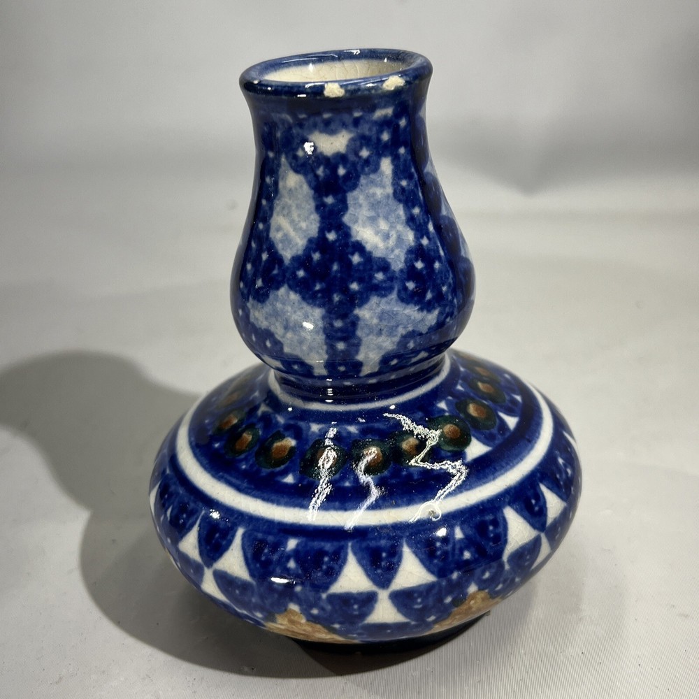 Antique Middle Eastern Blue And White Double Gourd Vase MARKED