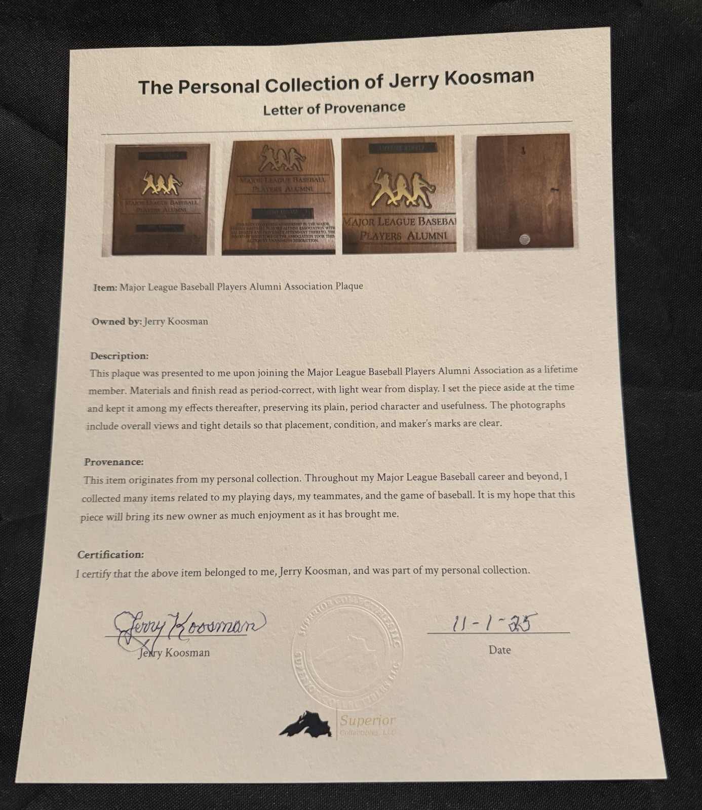 Jerry Koosman Personal Collection: MLB Players Alumni Association Plaque w/ LOP