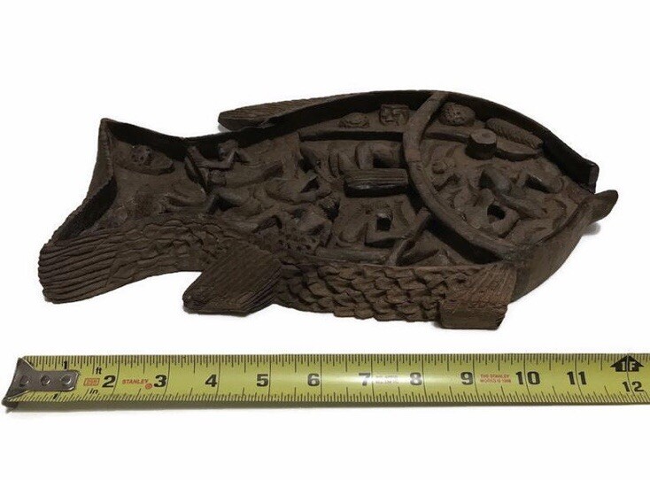 Antique African Carved Wood Fish Depicting Men Working Inside
