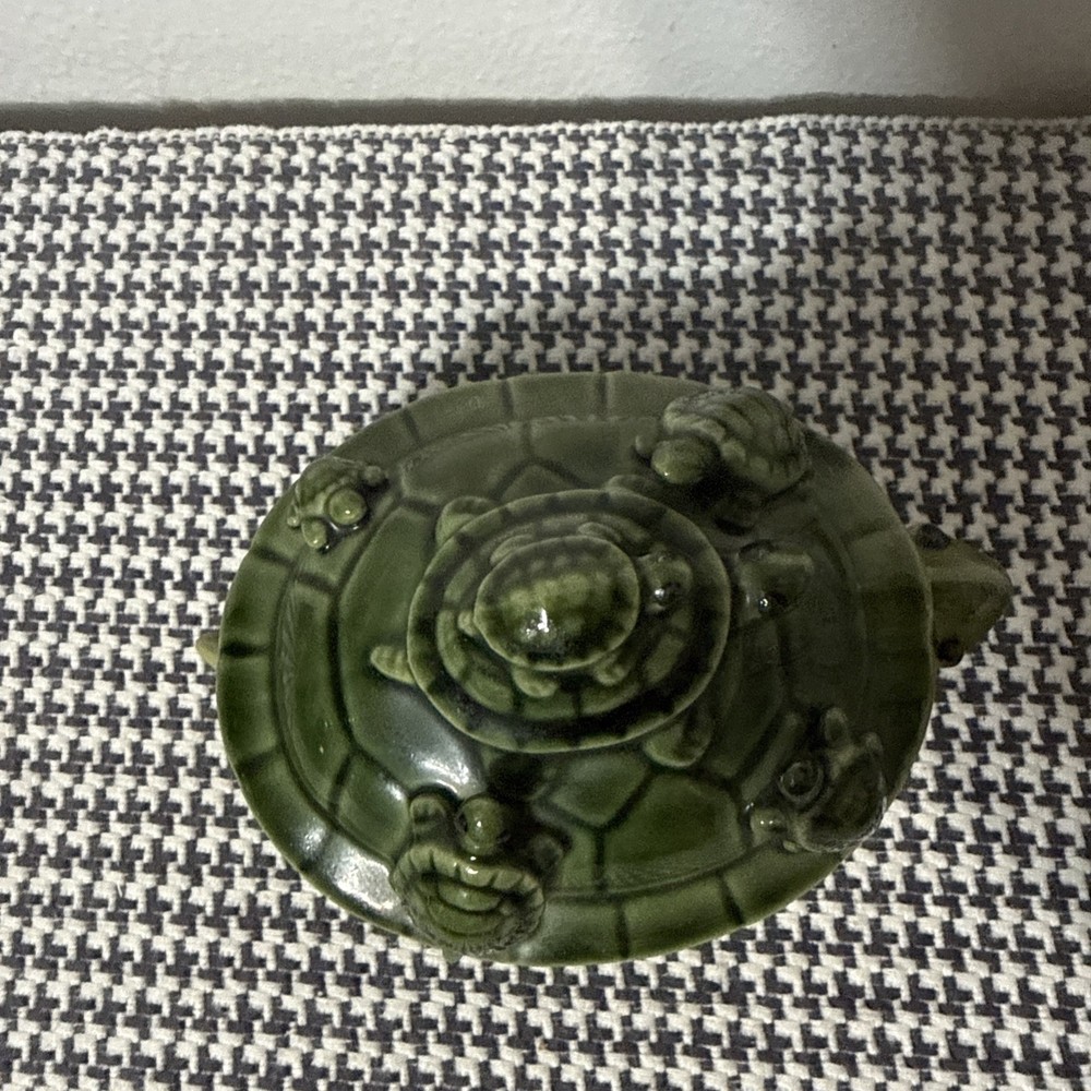 Vintage Ceramic Green Glazed Bobble Head Turtle 3” Long