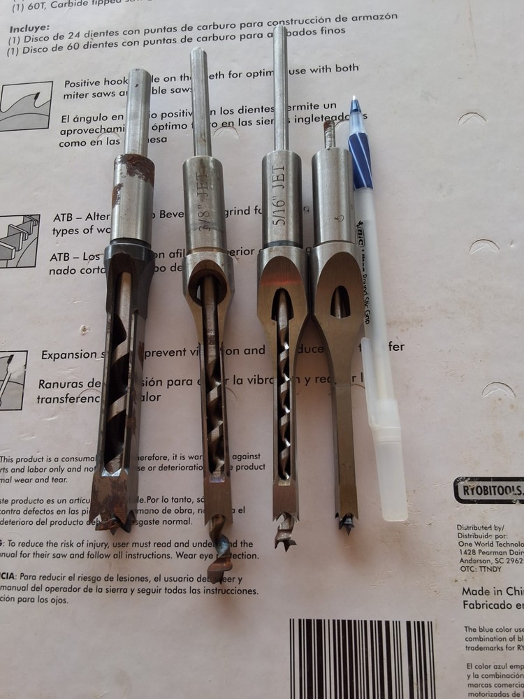 set of four, mortising bits and chisel
