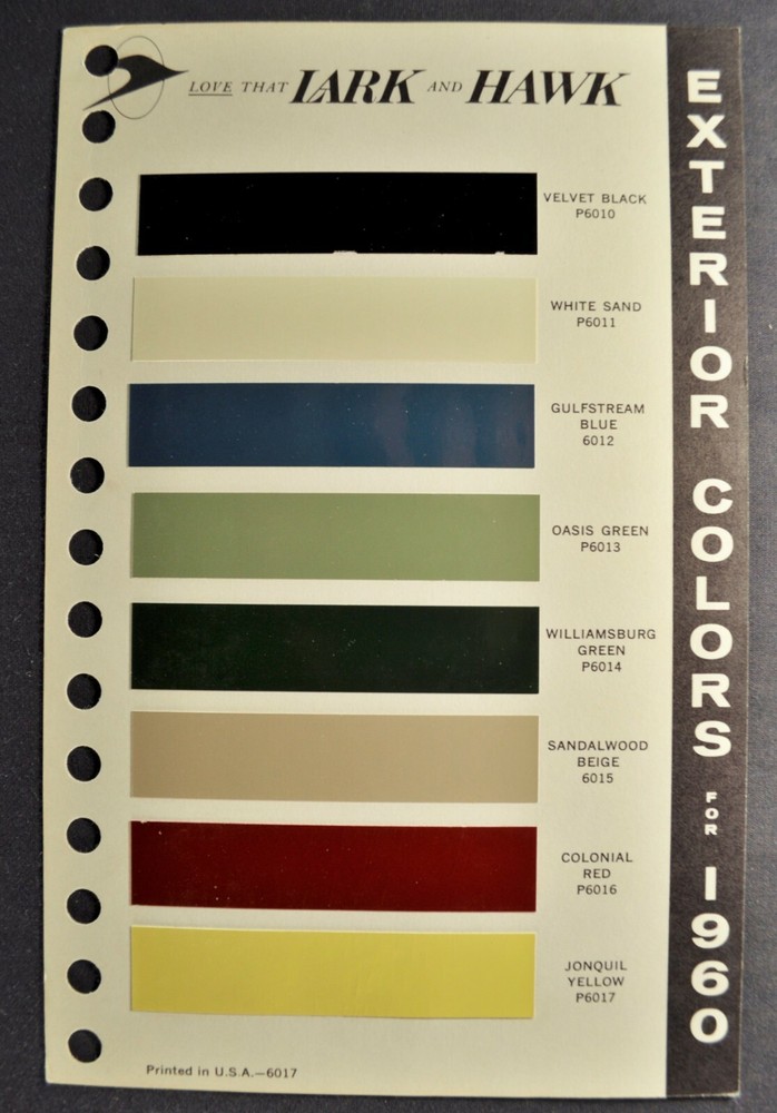 1960 Studebaker Paint Chip Data Book Sheet Hawk Lark Hardtop Wagon Original 60