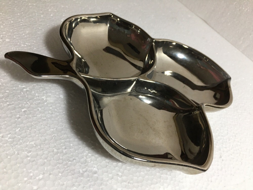 MAPLE LEAF Translucent Silver GLASS DIVIDED SERVING Nuts Candy Relish Pin DISH