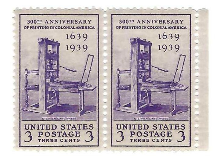 STAMP US SCOTT 857 "S. Daye Press" 1939 MNH 3 CENT HORIZONTAL PAIR