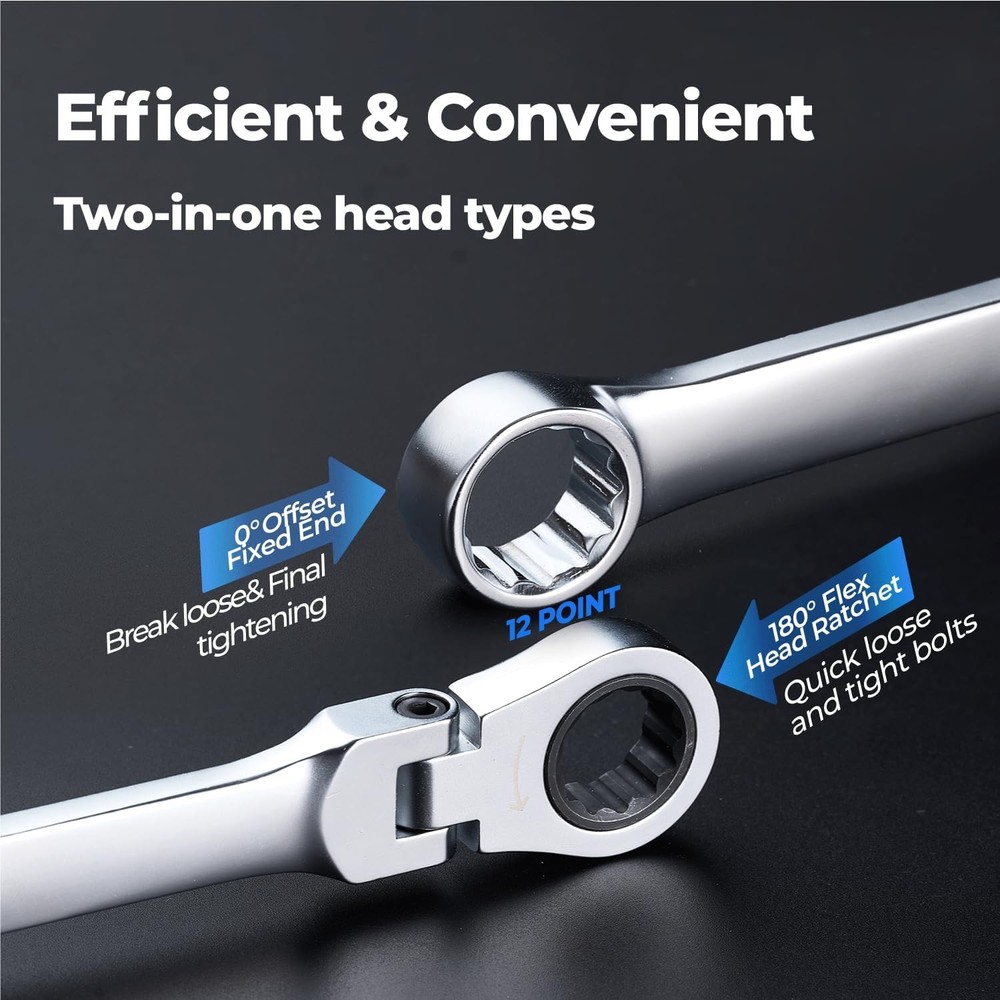16PCS Extra Long Ratcheting Wrench Set, Gift for Men, Flex Head & Offset Fixed