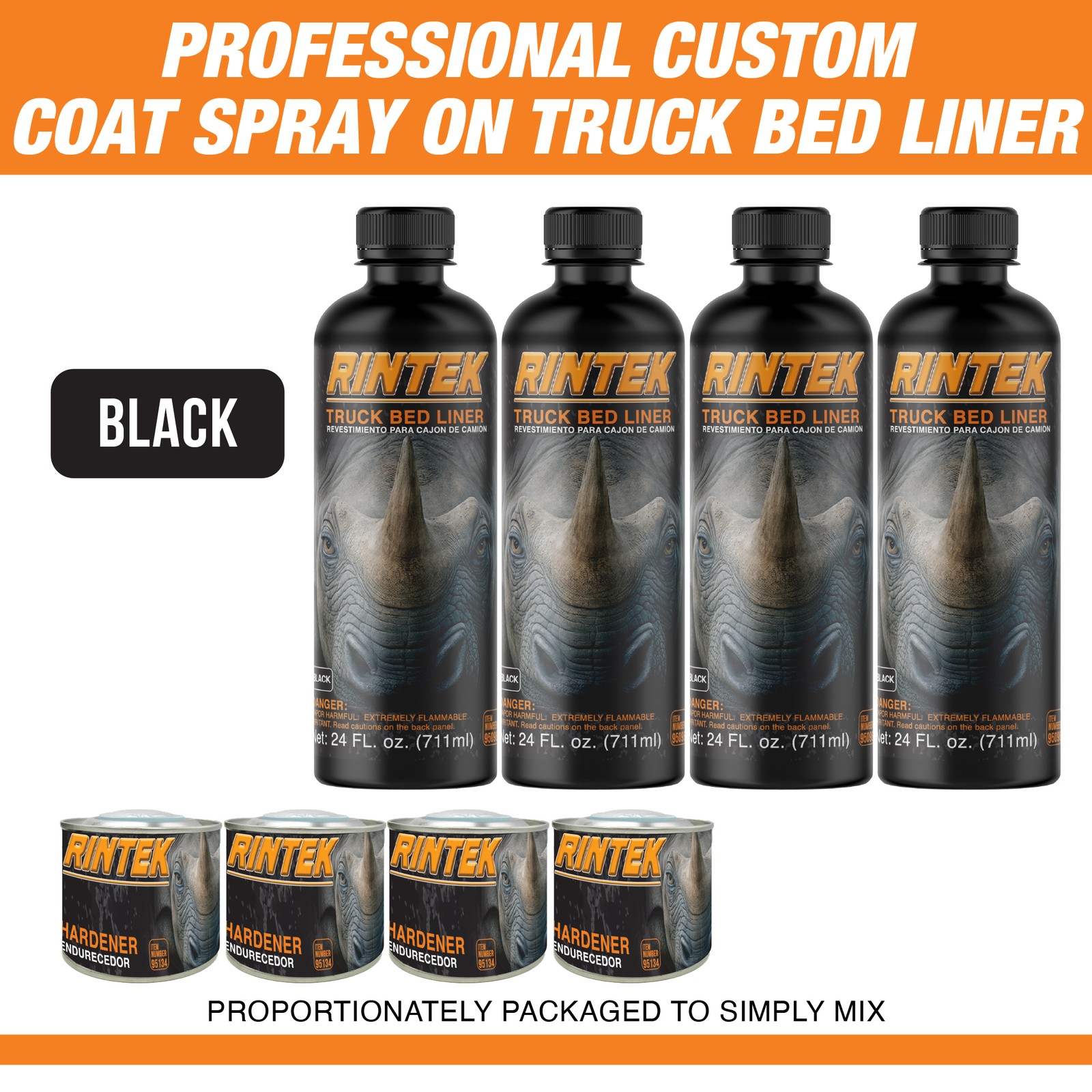 Rintek Black 1 Gal Bed Liner Kit 4 Liners 4 Hardeners + Spray Gun | 3:1 Mix