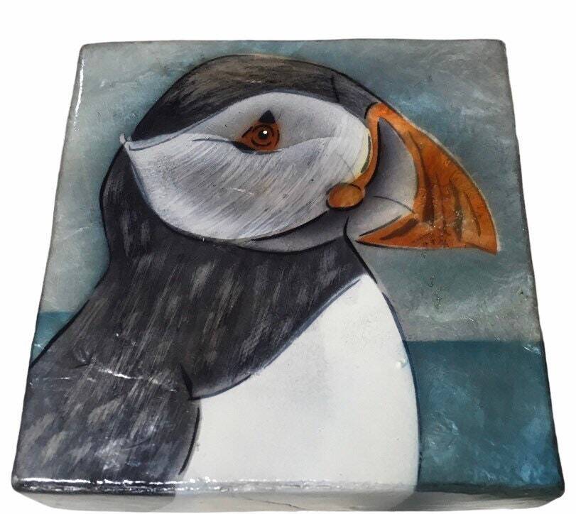 Handpainted Handmade Square Puffin Capiz Shell Box 4"