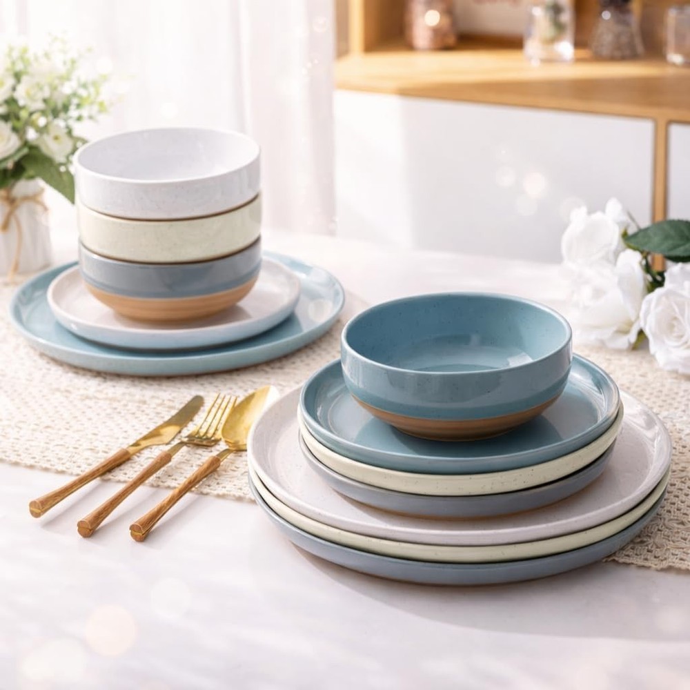 AmorArc 24-Pieces Handpainted Ceramic Dinnerware Plates & Bowls Set - Multicolor
