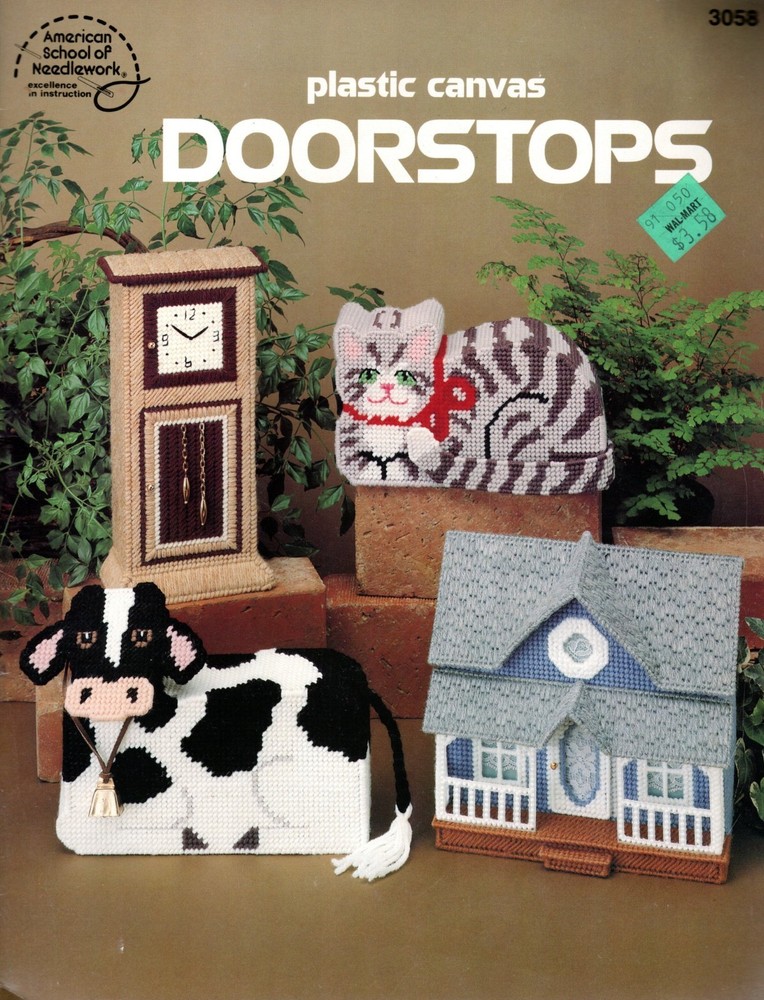 American Sch. Needlework 3058 DOORSTOPS CAT CLOCK Plastic Canvas Pattern Leaflet