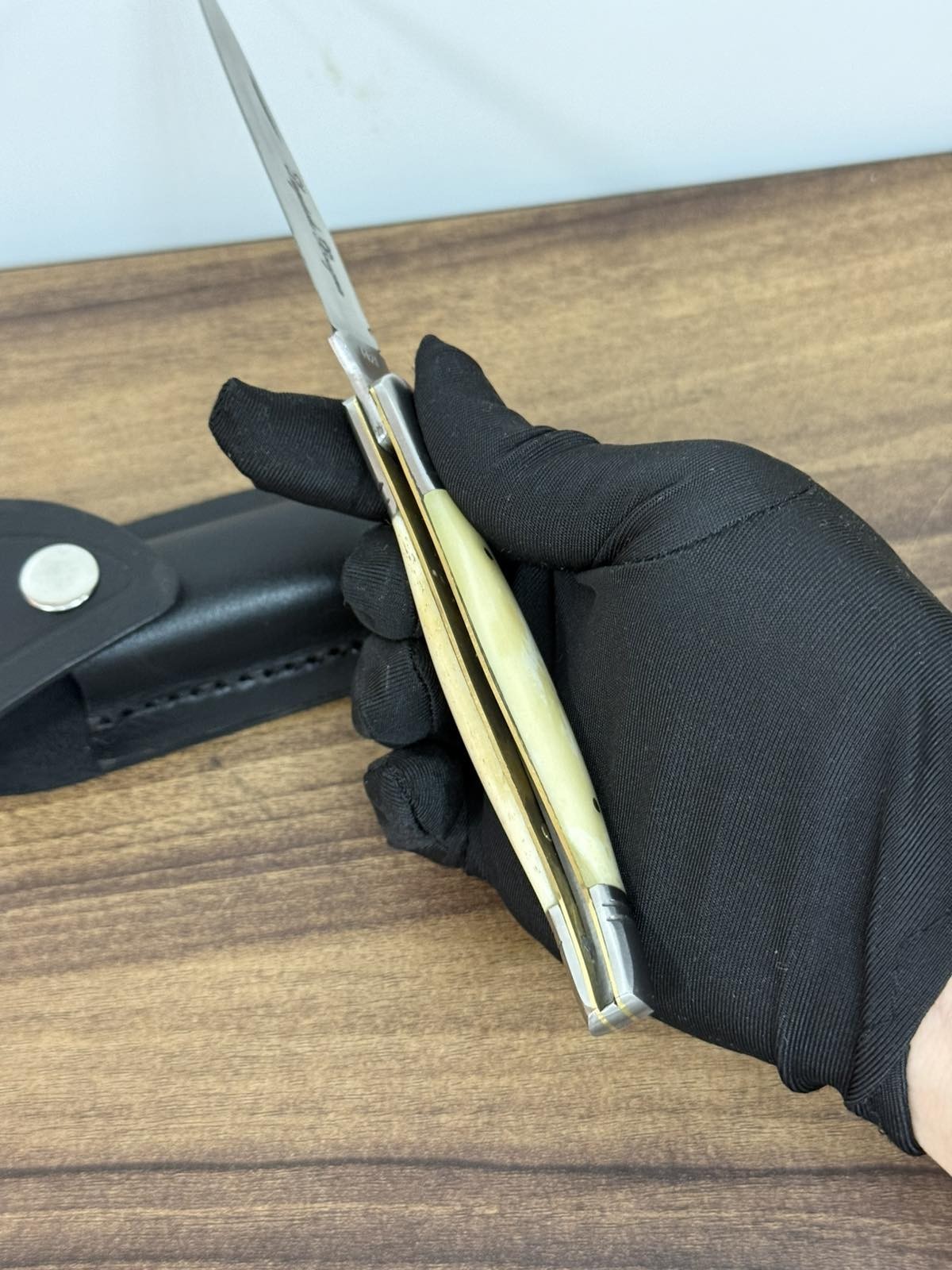 Vintage Laquiole Pocket Knife Blade Steel Antler Handle Leather Sheath Mens Rare