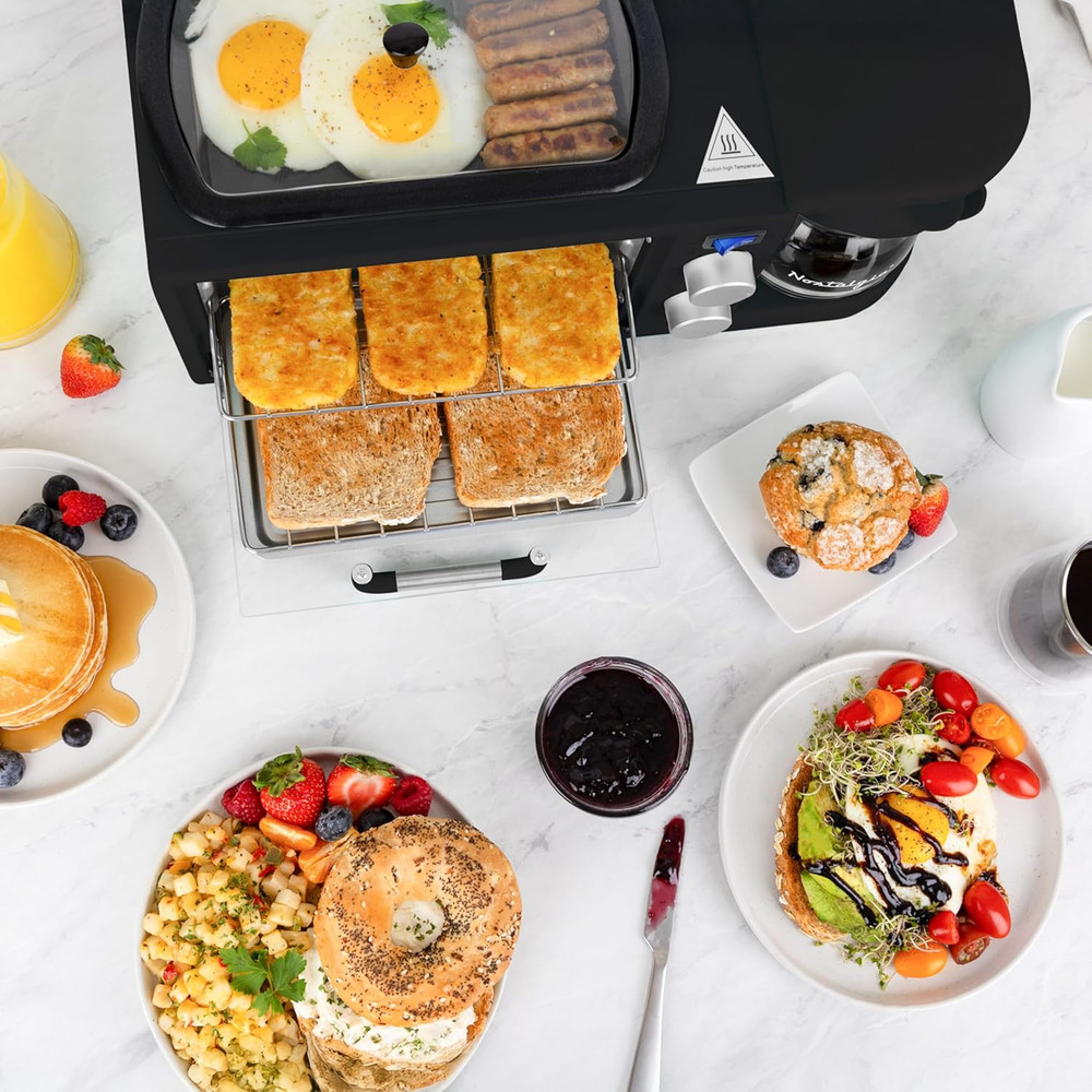 3-In-1 Retro Breakfast Station - Includes 5 Cup Coffee Maker, Non-Stick Ceramic