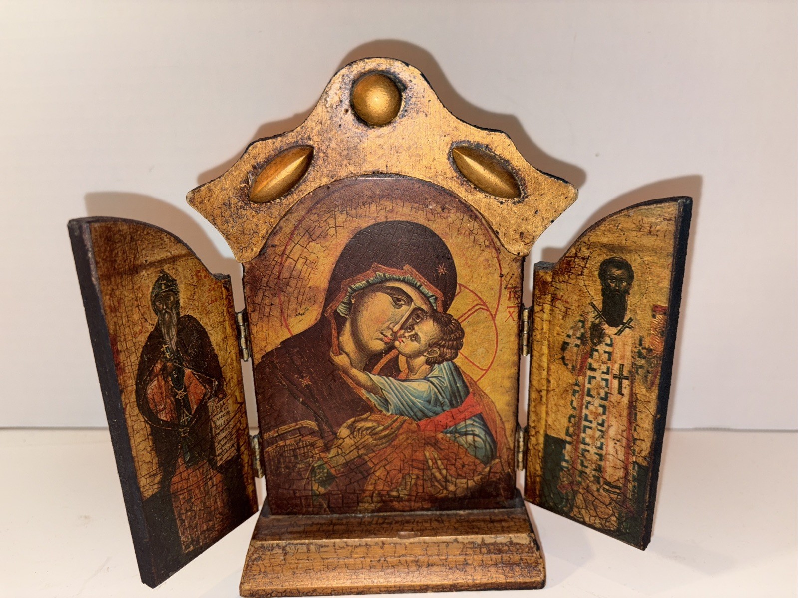 Religious Florentine Triptych Wood Plaque Gold Gilt Icon Relic Print