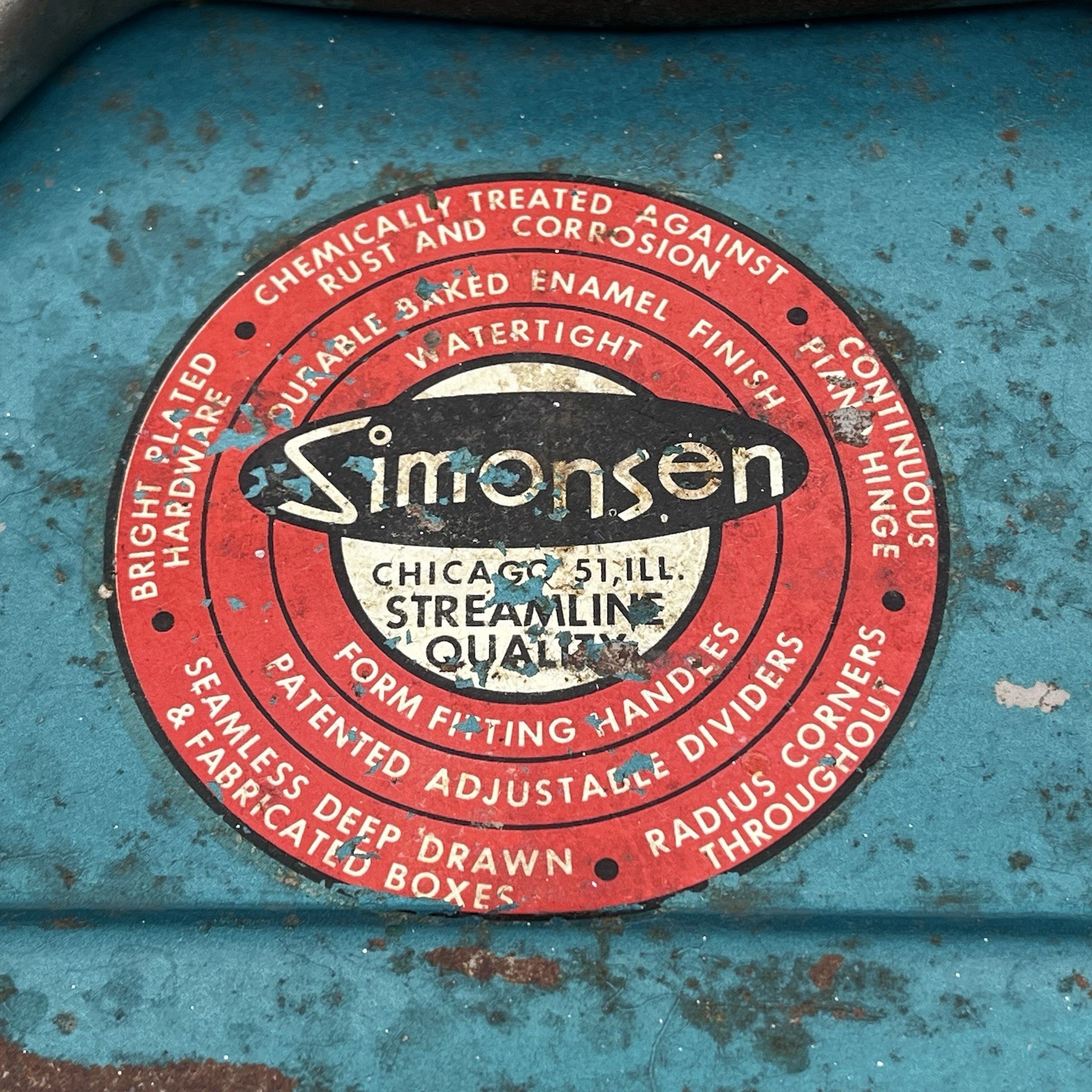 VTG Simonsen Green Teal Metal Tool Tackle Box 14" x 8" 2 Trays Industrial Patina