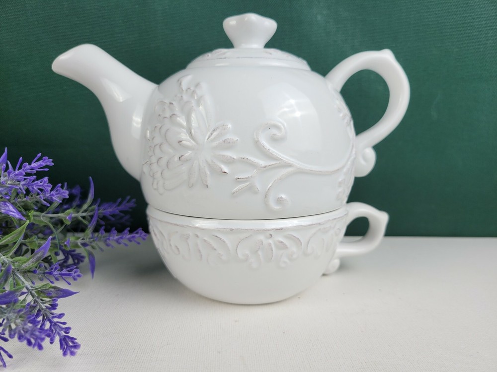 Dena Home Stackable Teapot + Cup - White Embossed Scroll/Floral