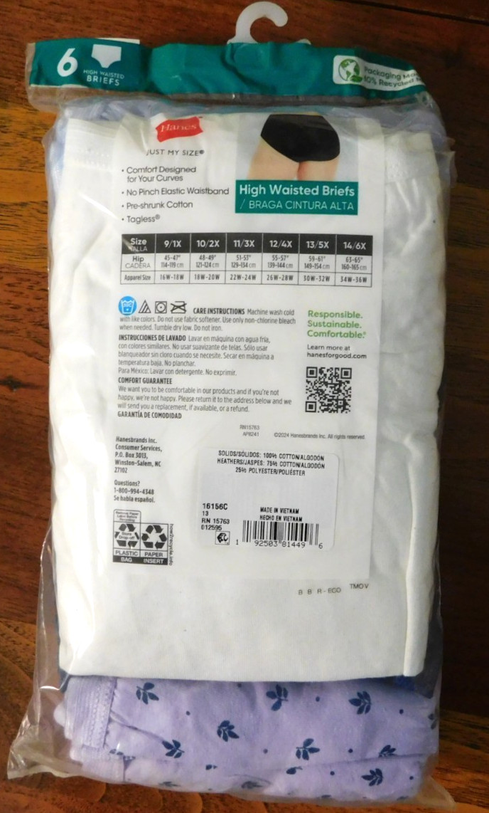 Hanes JUST MY SIZE Womens Plus Sz 14 /6XL Hi Waist Cotton Briefs 6 Pk Assorted