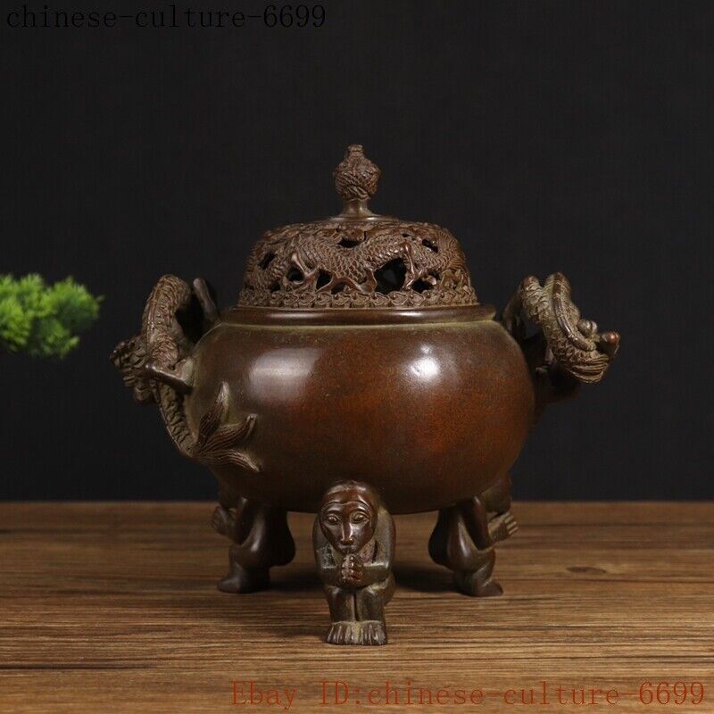 8" Chinese bronze Chinese Zodiac animal dragon loong incense burner censer