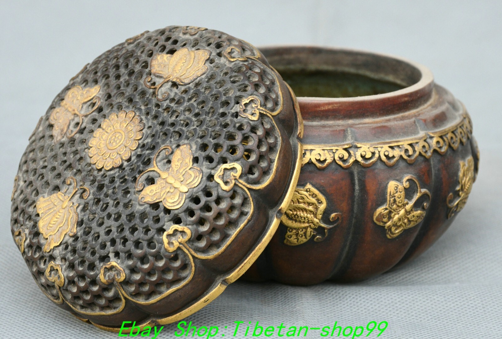 4.7''Old Dynasty Purple Bronze Gold Butterfly Pattern Incense Burner Censer