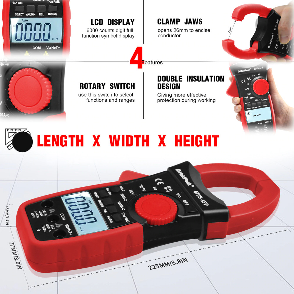 HOLDPEAK Digital Clamp Meter 6000 Count Multimeter with Auto Range,AC/DC Voltage