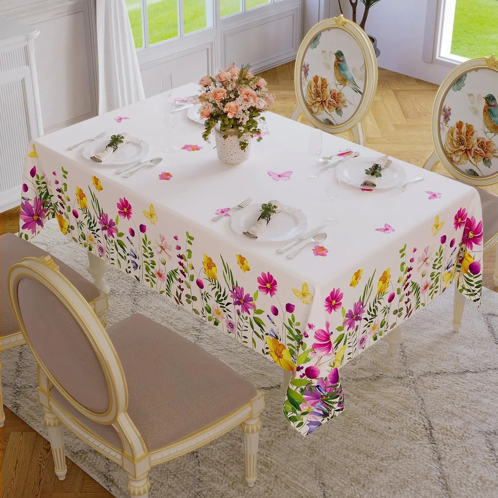 Spring Floral Pattern Tablecloth Kitchen Dining Table Decor Washable Table Cover