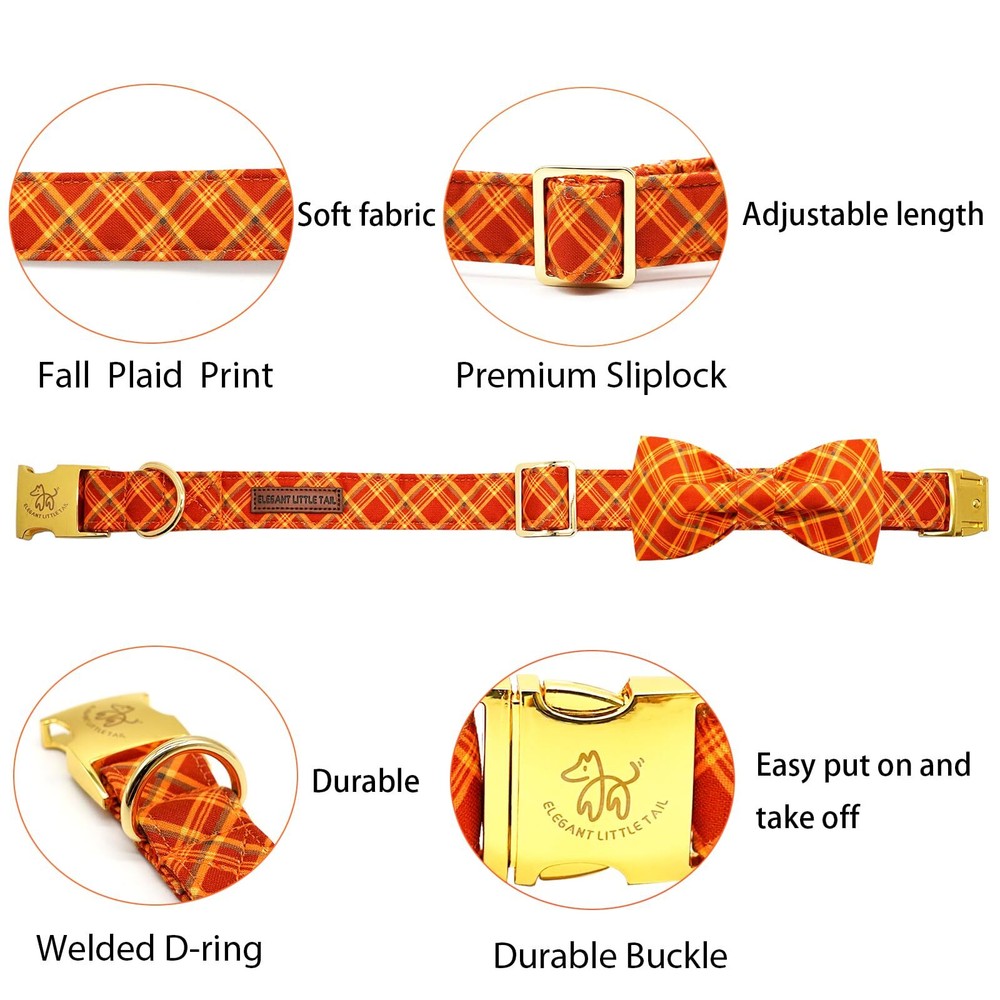 Dog Collar - Fall Plaid Holiday Pet Collar with Adjustable Bow for Medium Dogs