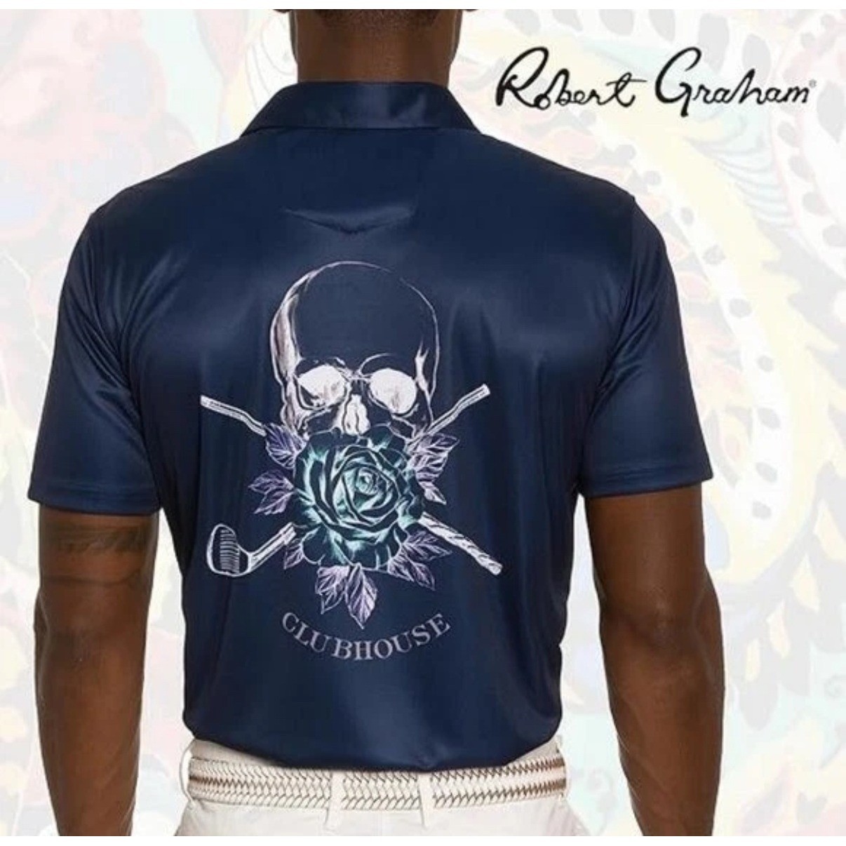 Robert Graham Blade Iron polo shirt skull rose graphic navy small