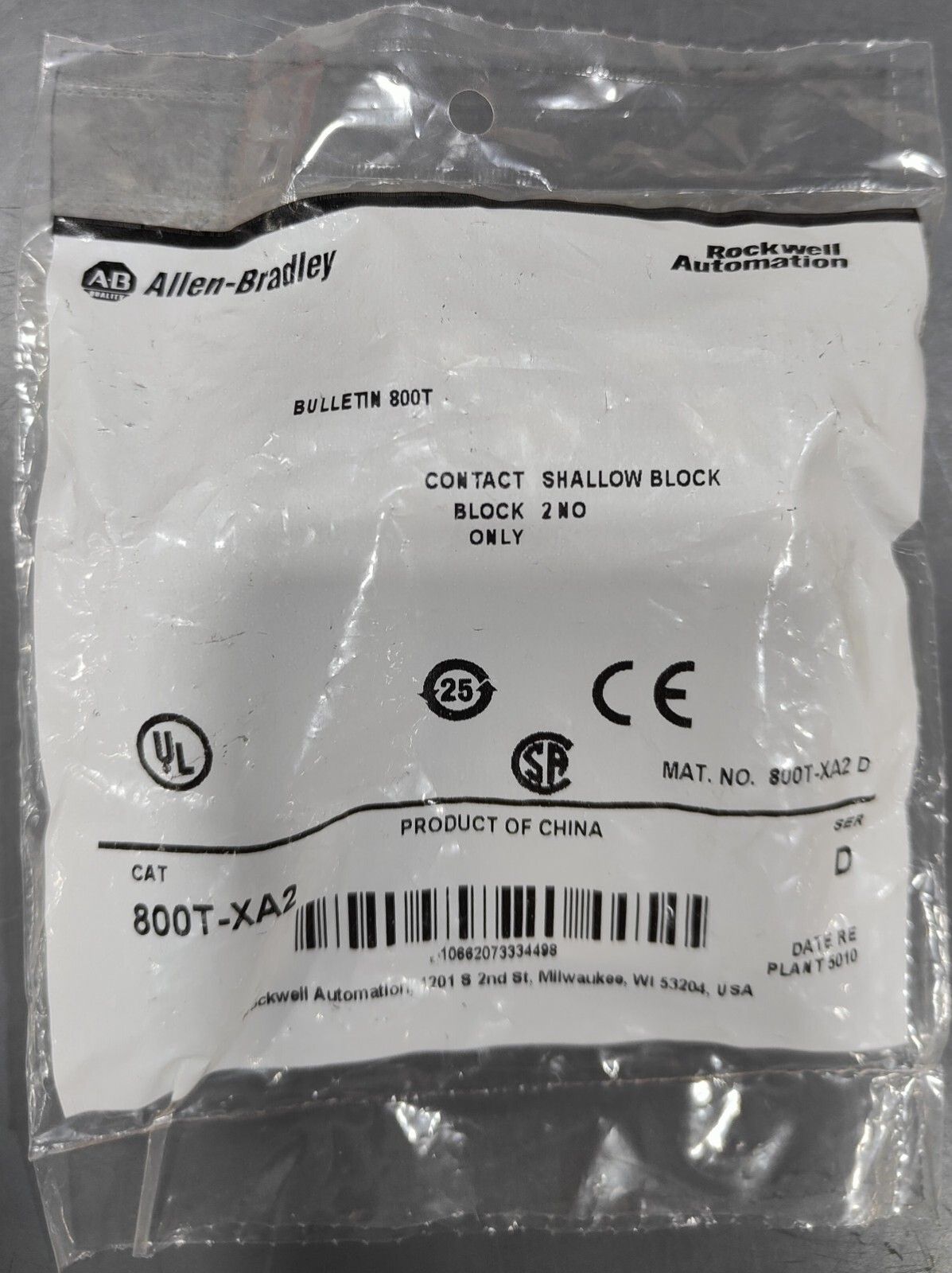 NEW ALLEN BRADLEY 800T-XA2 CONTACT SHALLOW BLOCK 2 NO CONTACTS FREE SHIPPING