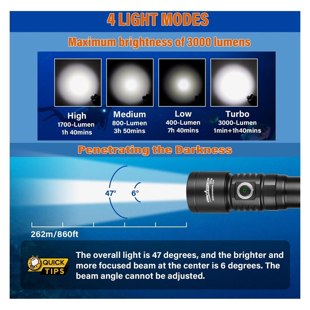 ORCATORCH D710 Underwater Flashlight 150M Submersible Dive Light-black