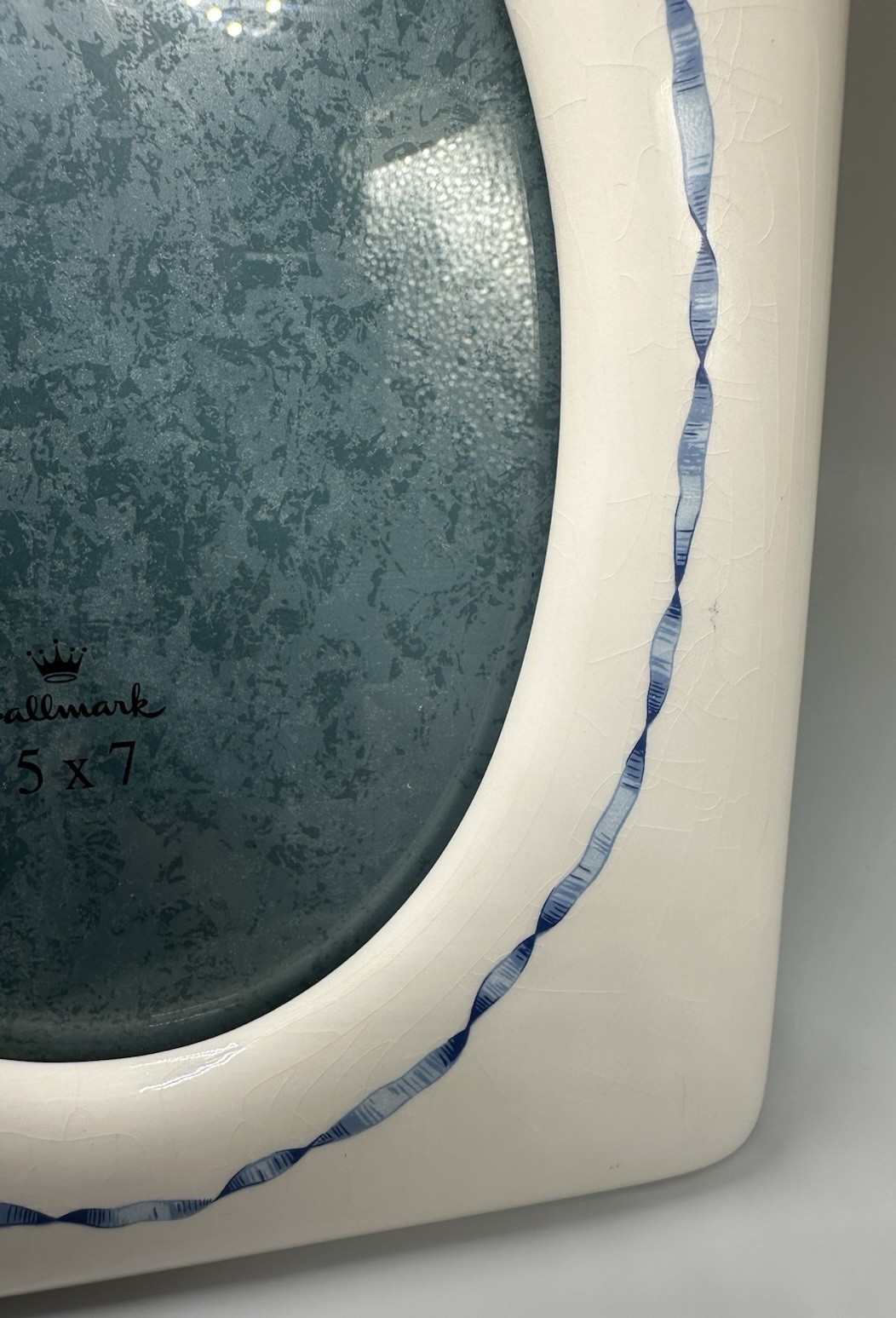 Vintage Hallmark White and Blue Ceramic Picture Frame Oval Fits 5x7 Blue Bow