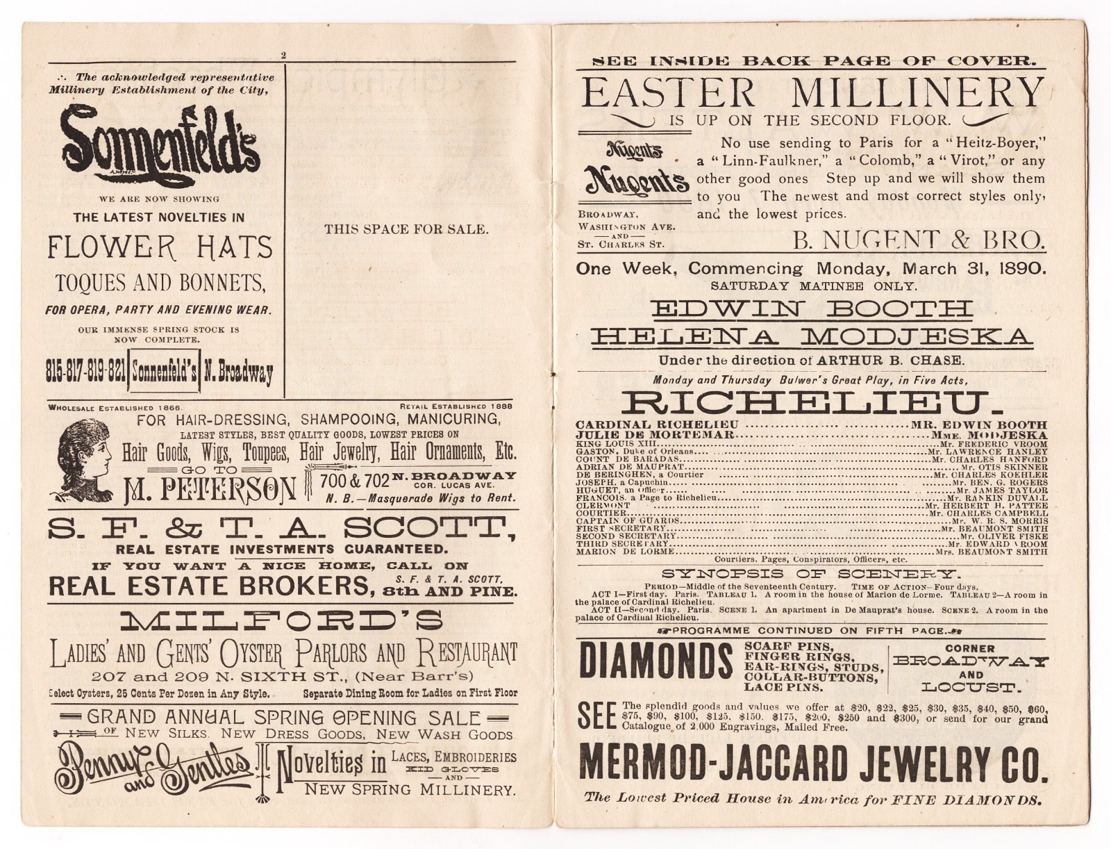 Edwin Booth "RICHELIEU" Helena Modjeska "HAMLET" Olympic 1890 St. Louis Program