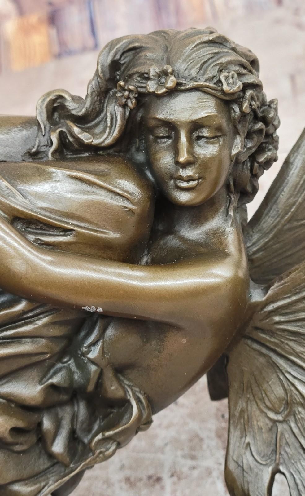 Bronze statue art nouveau garden fairy angel w/ wings. SIGNED Cesaro Artwork