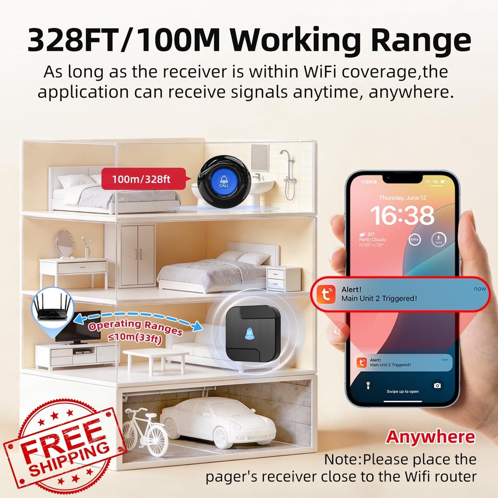 CallToU Wi-Fi Caregiver Pager Call Button Fall Alert System
