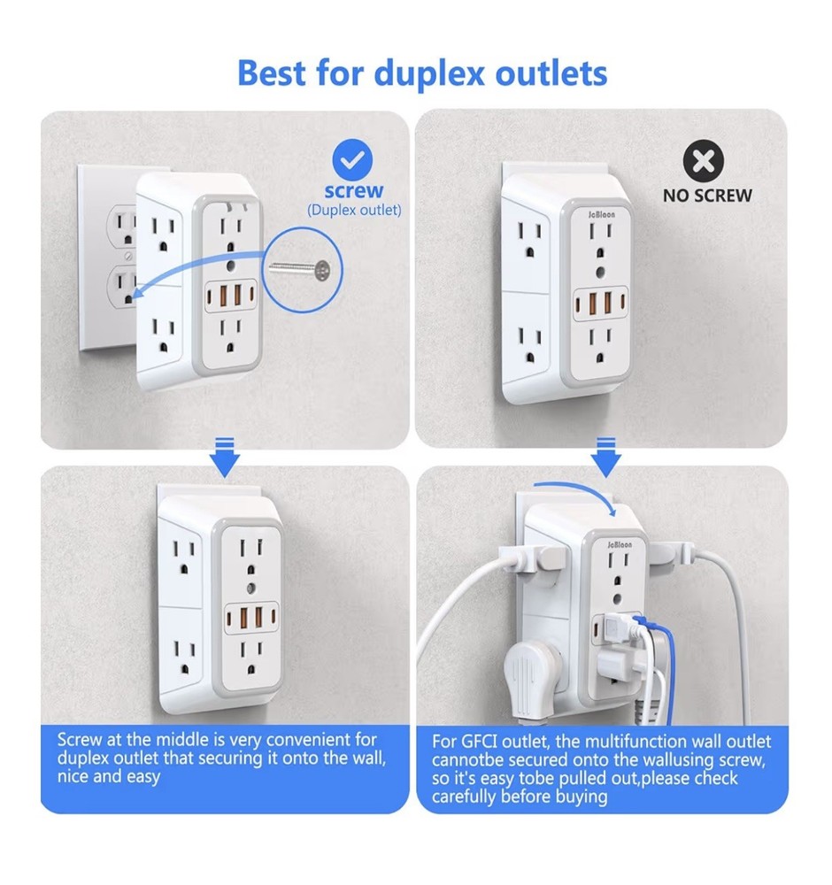 US Multi Socket Wall 6 AC Outlets 4 USB Port, 2 Type C Universal Plug Charger