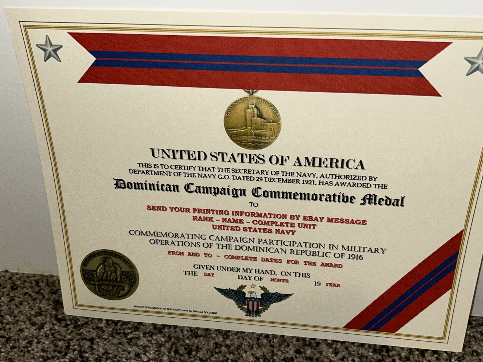 DOMINICAN CAMPAIGN (NAVY) COMMEMORATIVE MEDAL CERTIFICATE ~ W/PRINTING TYPE-1