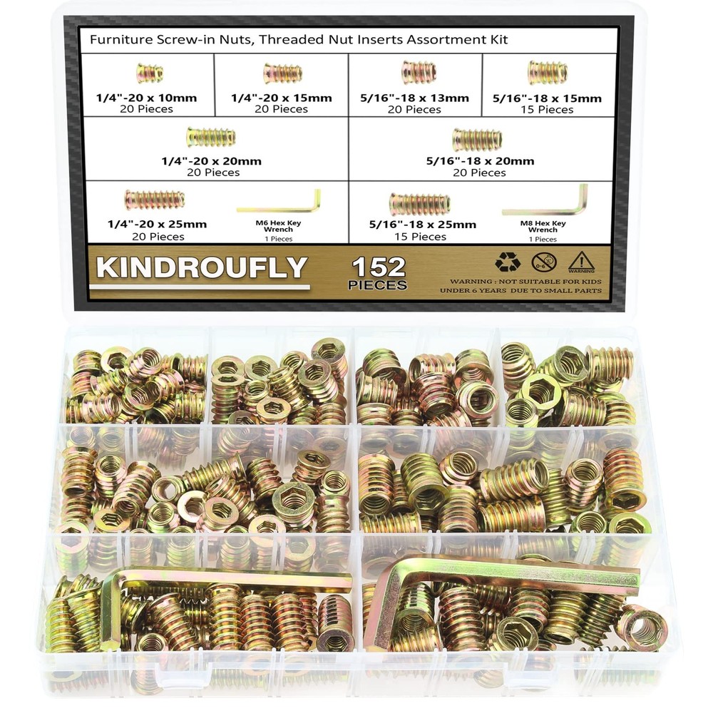 152 Pieces 1/4"-20, 5/16"-18 Threaded Inserts, Nut Inserts, Wood Inserts, Ste...