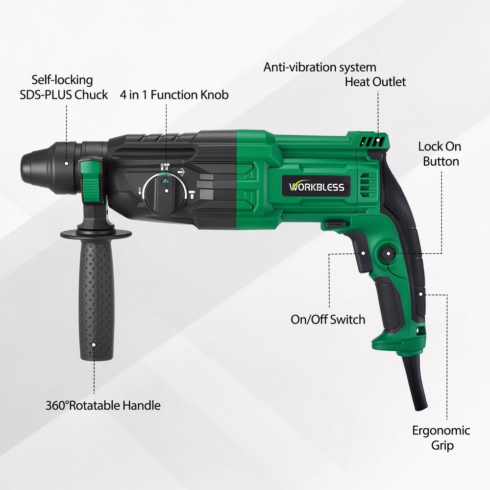 1 Inch SDS-Plus Rotary Hammer Drill, 8Amp, 3.0J 4 Functions Variable Speed Ha...