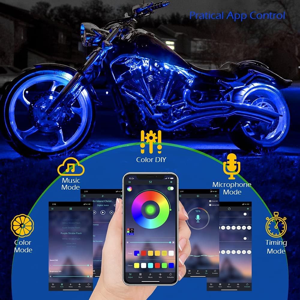 10PCS Motorcycle RGB LED Strip Light Under Glow Neon Kit Bluetooth APP Control